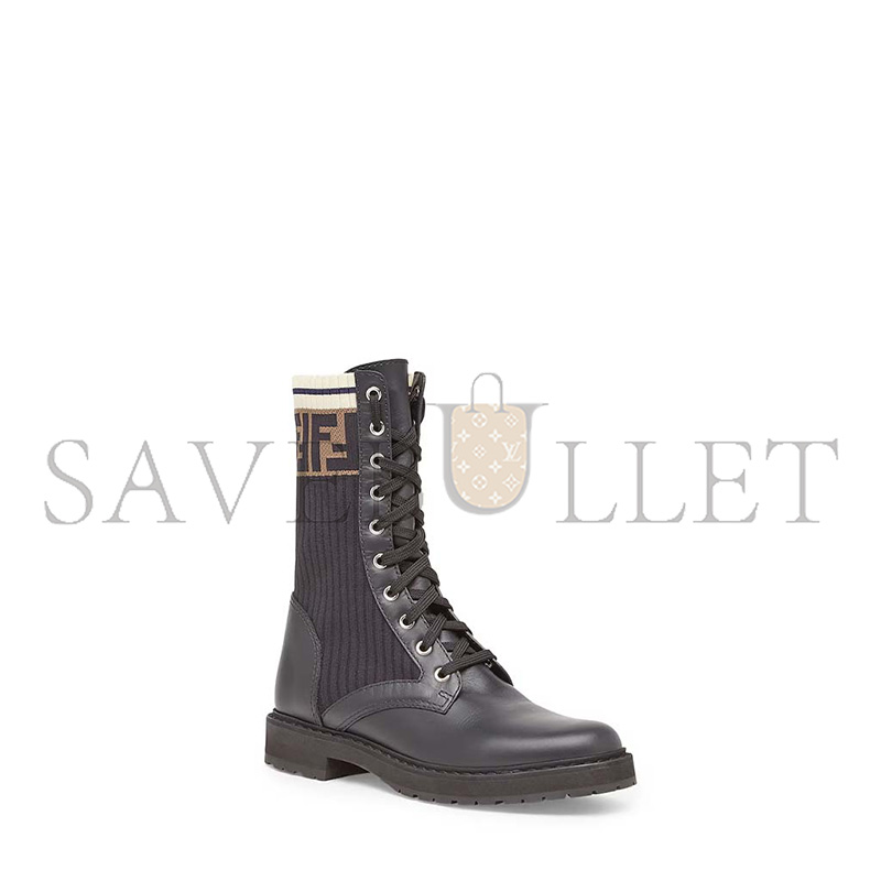 FENDI ROCKOKO BLACK LEATHER BIKER BOOTS WITH STRETCH FABRIC 8T6780A3H4F13MC